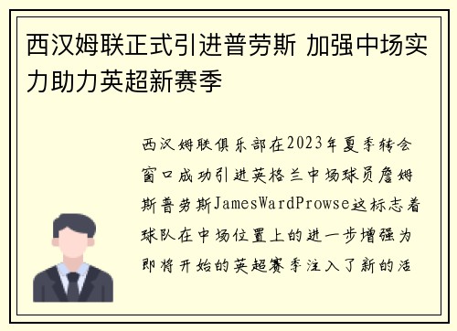 西汉姆联正式引进普劳斯 加强中场实力助力英超新赛季
